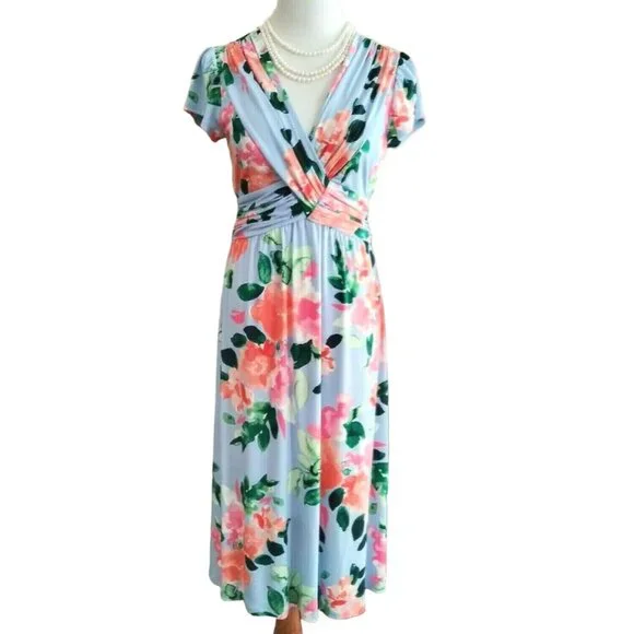 Size 12 VINCE CAMUTO BLUE FLORAL PRINT MIDI DRESS Summer‎ Wedding Party Church - Picture 2 of 7